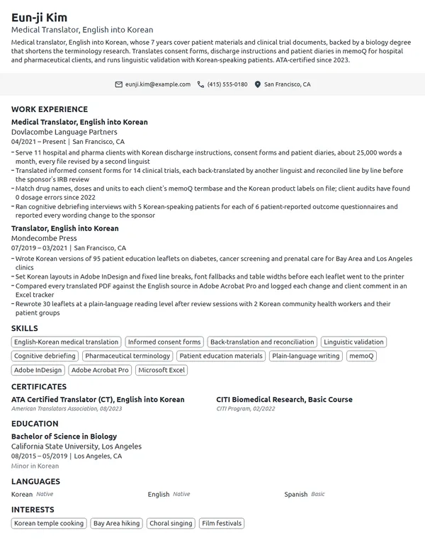 Medical Translator resume example