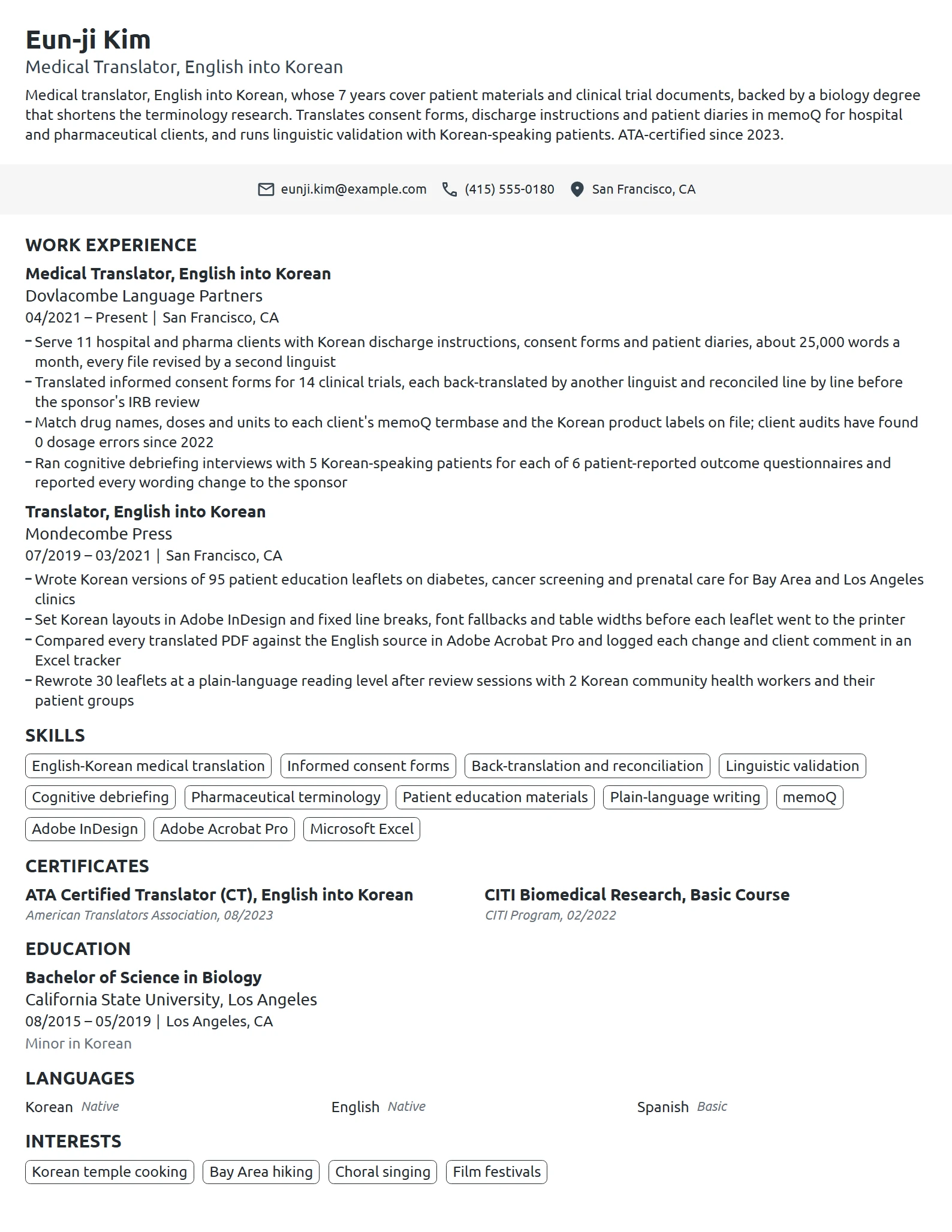 Medical Translator resume example