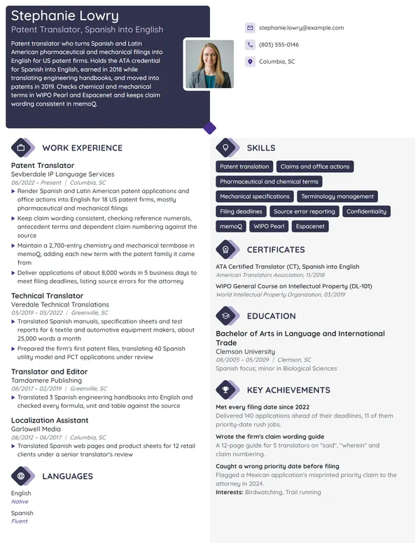 Patent Translator resume example