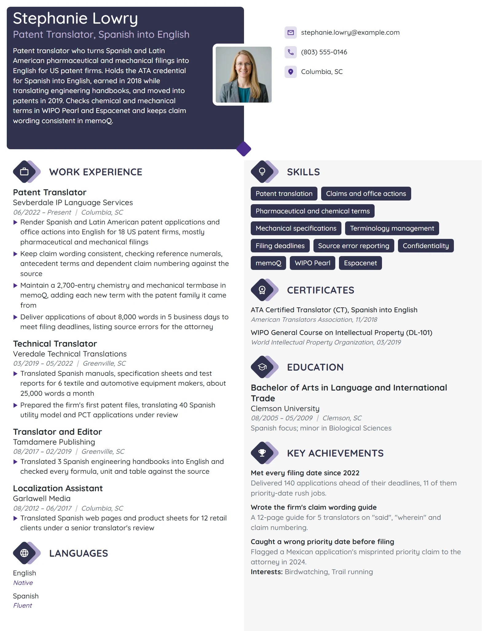 Patent Translator resume example