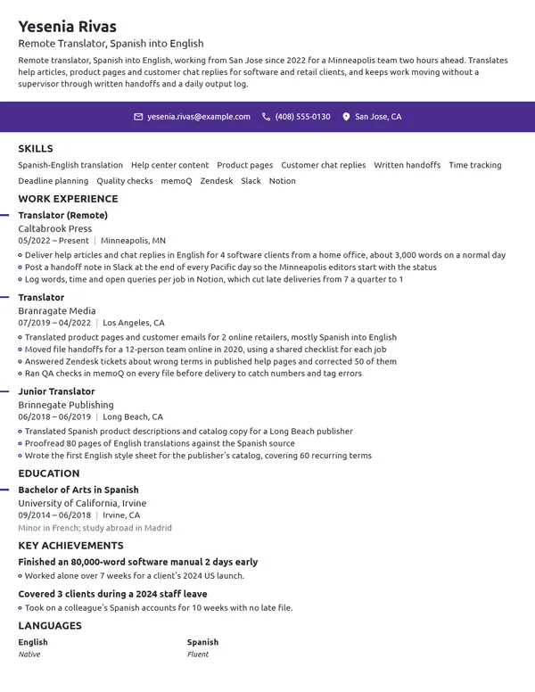Remote Translator resume example