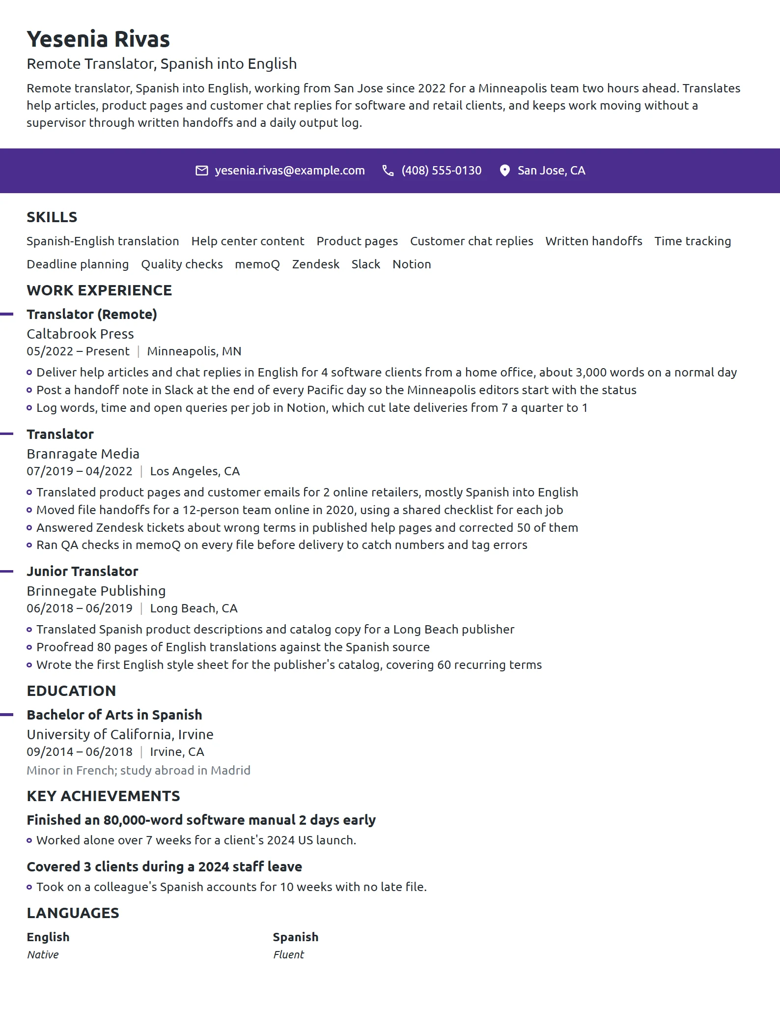 Remote Translator resume example