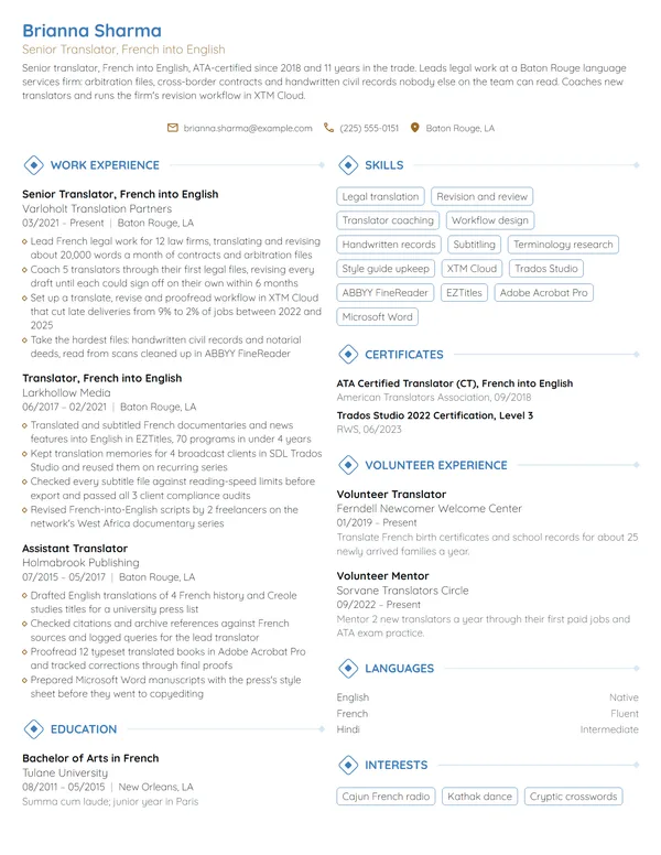 Senior Translator resume example