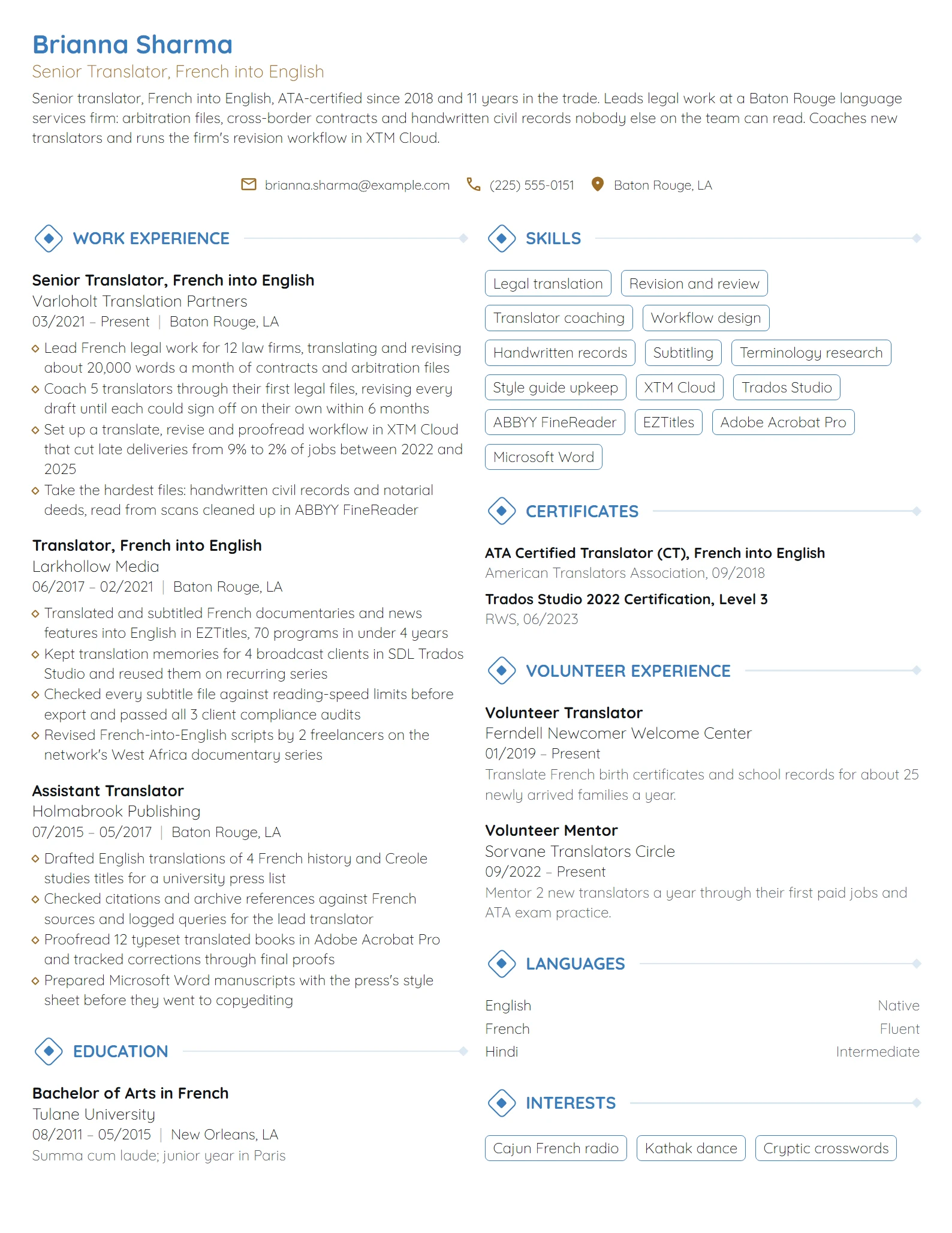 Senior Translator resume example