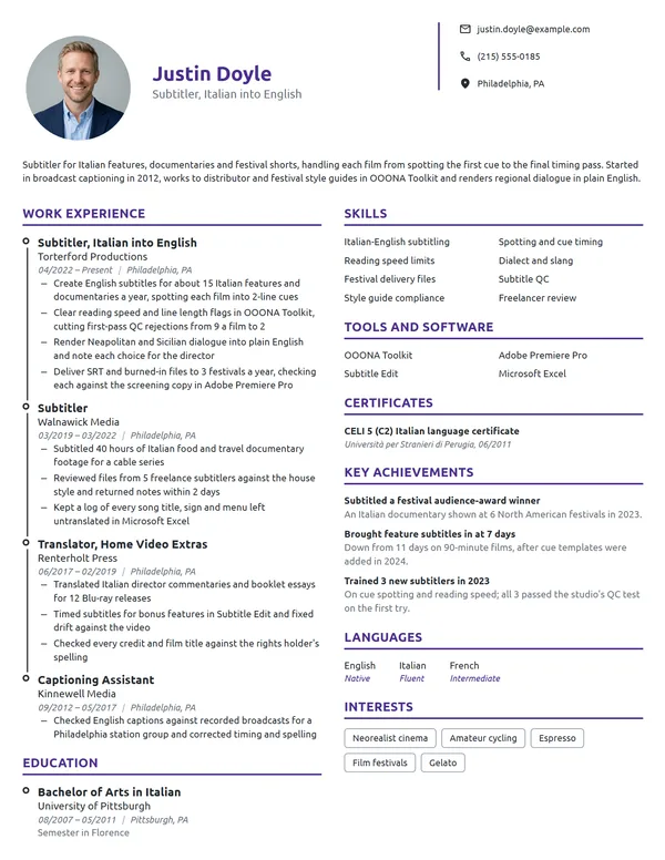 Subtitler resume example