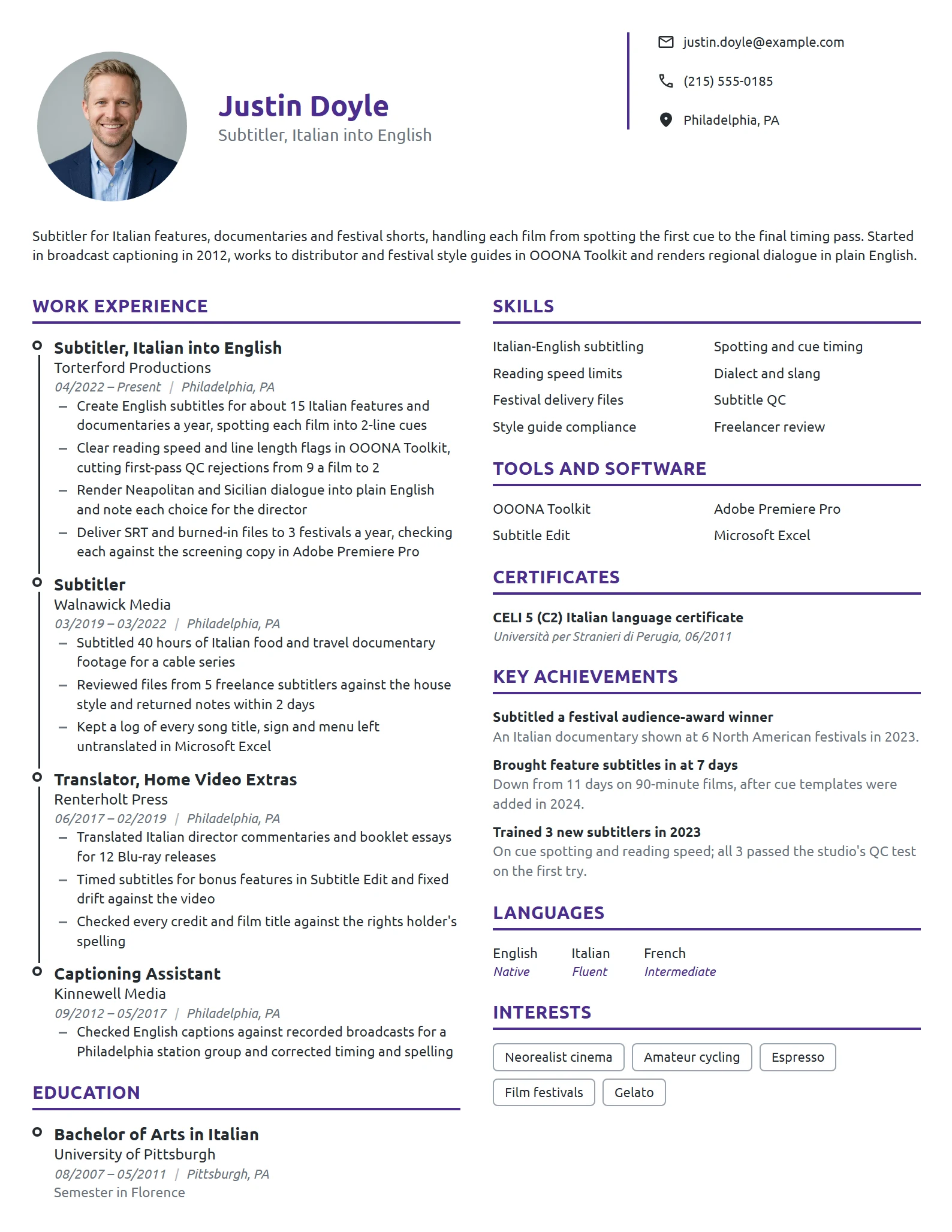Subtitler resume example