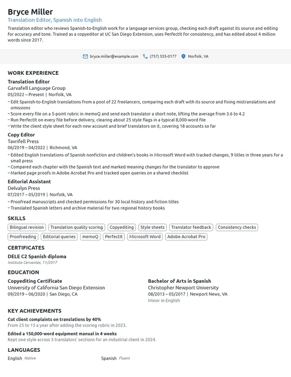 Translation Editor resume example