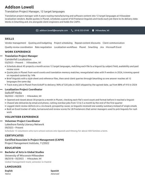 Translation Project Manager resume example