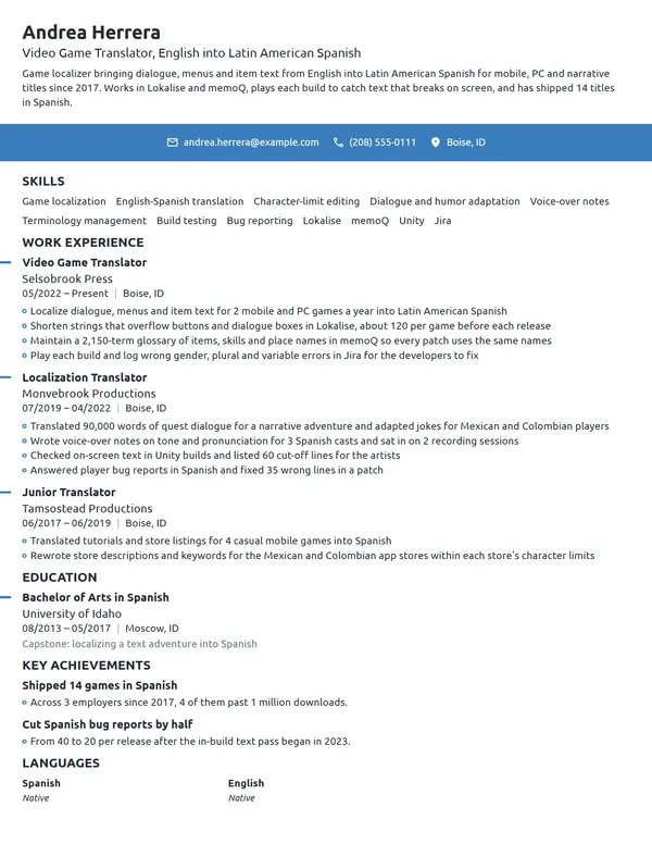 Video Game Translator resume example