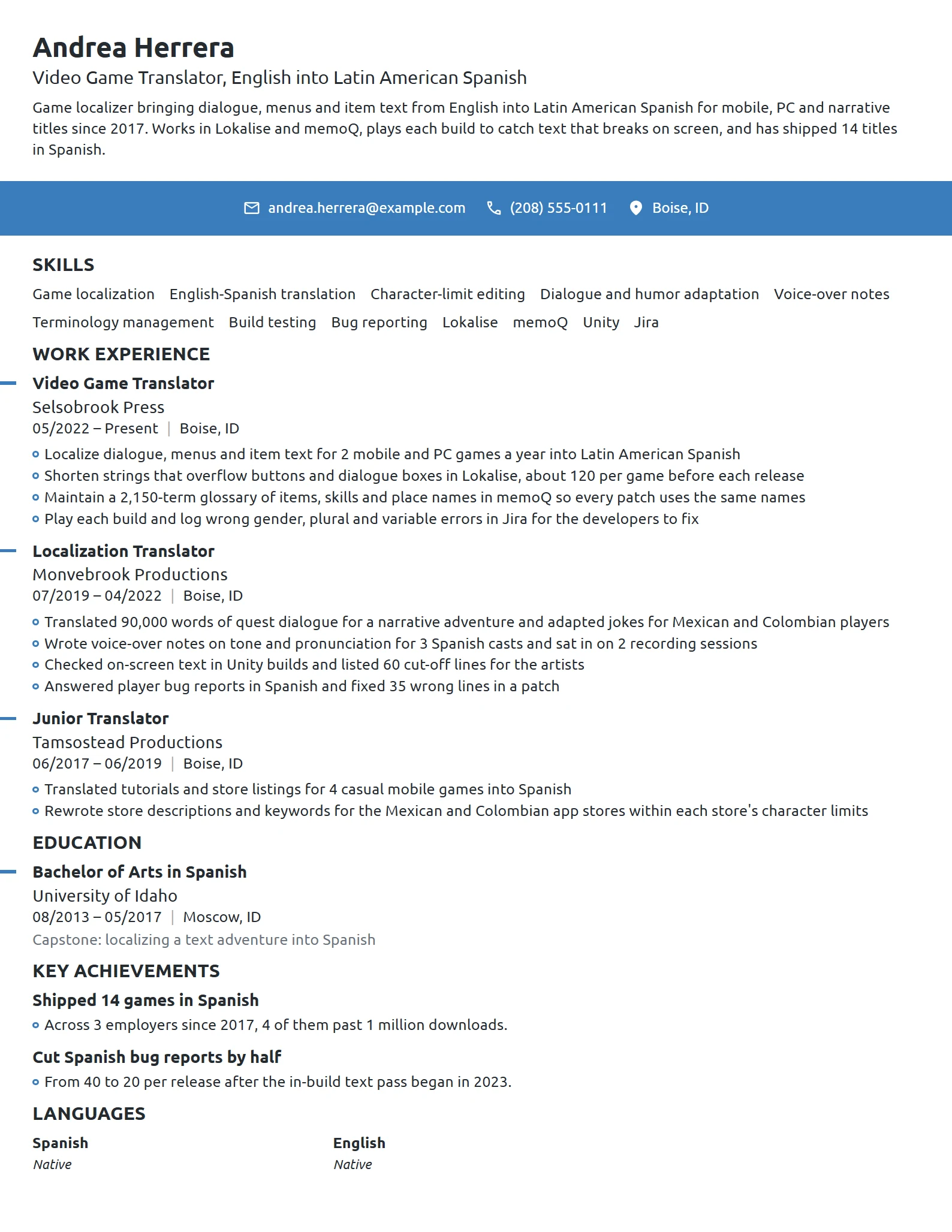 Video Game Translator resume example