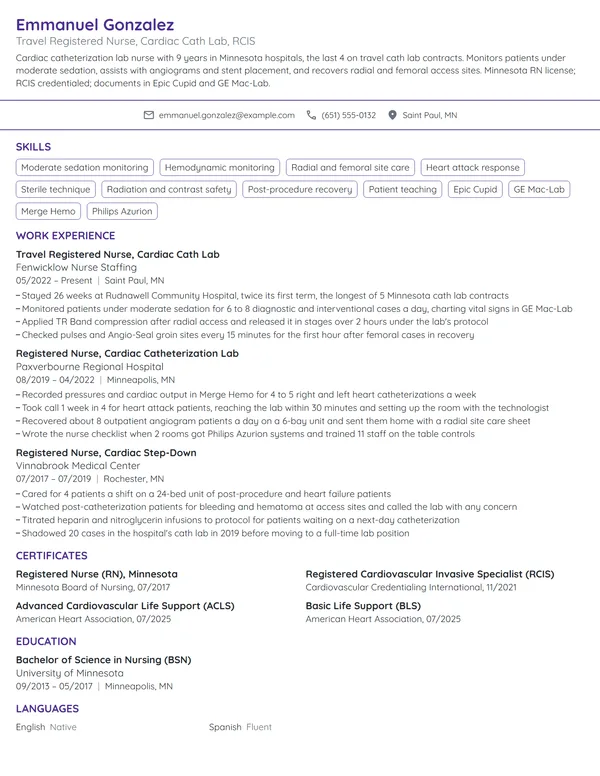 Cath Lab Travel Nurse resume example