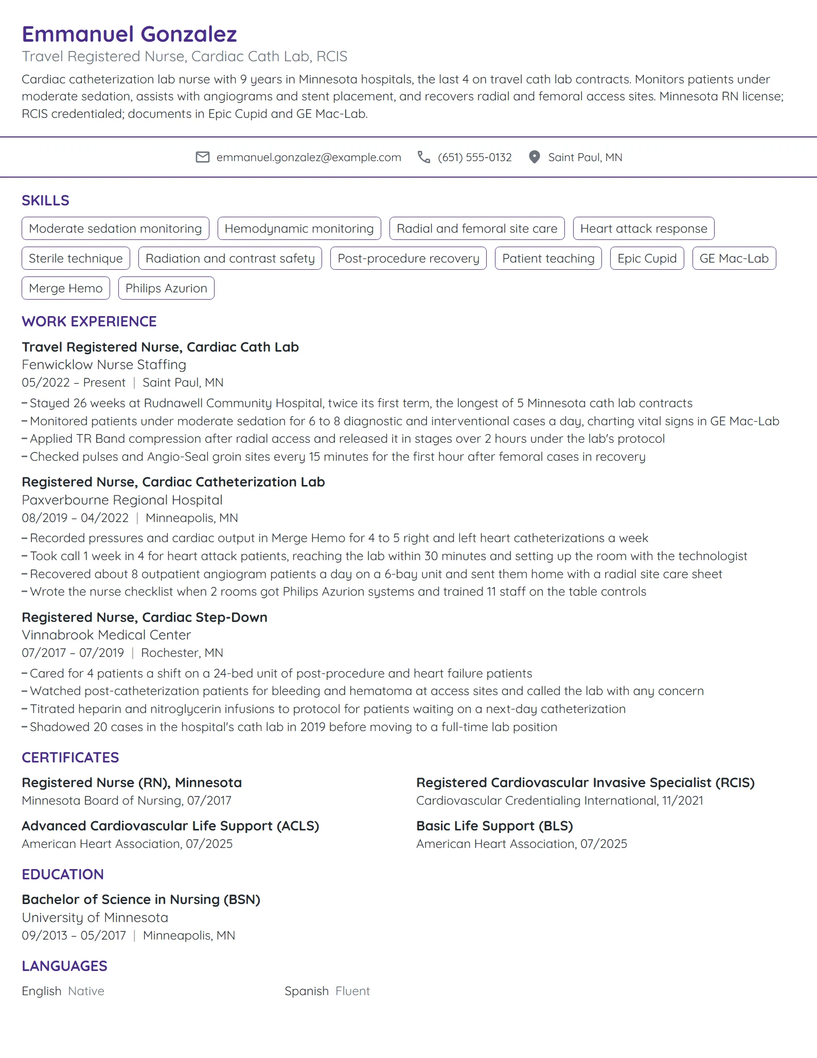 Cath Lab Travel Nurse resume example