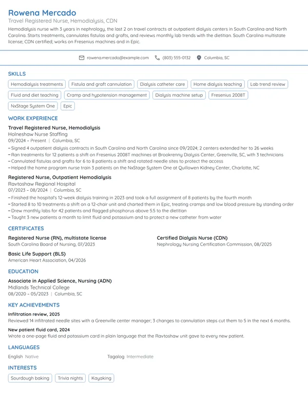 Dialysis Travel Nurse resume example
