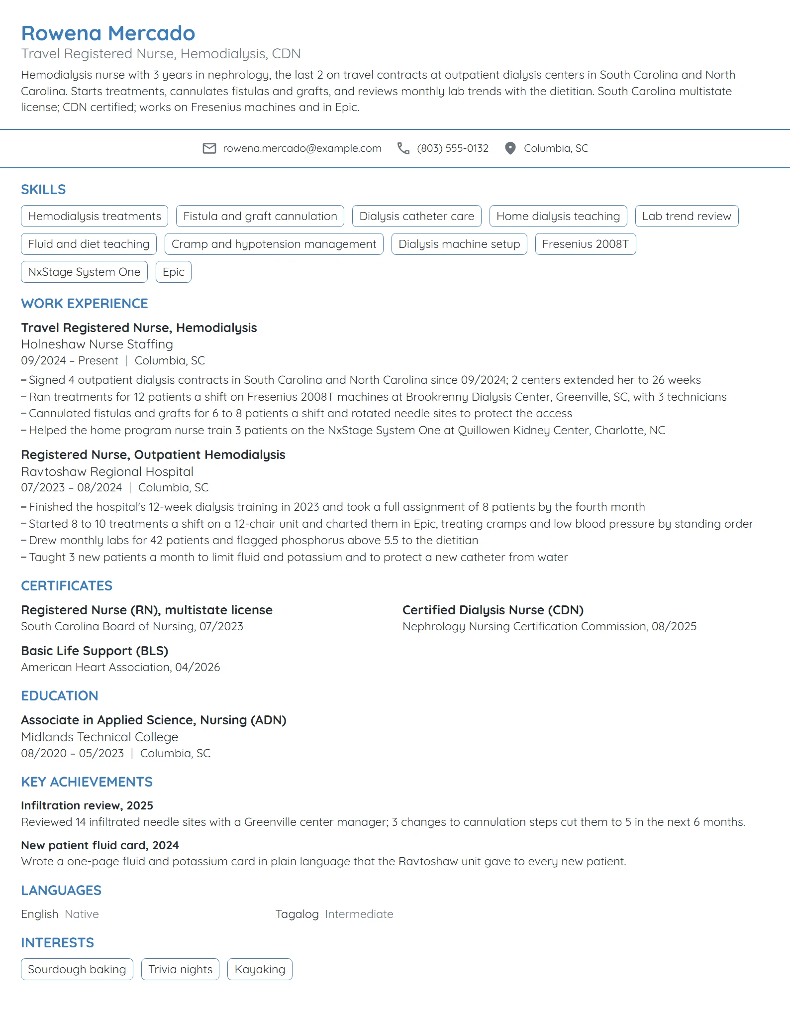 Dialysis Travel Nurse resume example