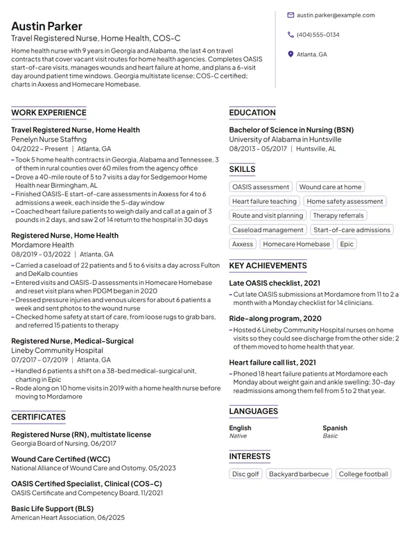 Home Health Travel Nurse resume example