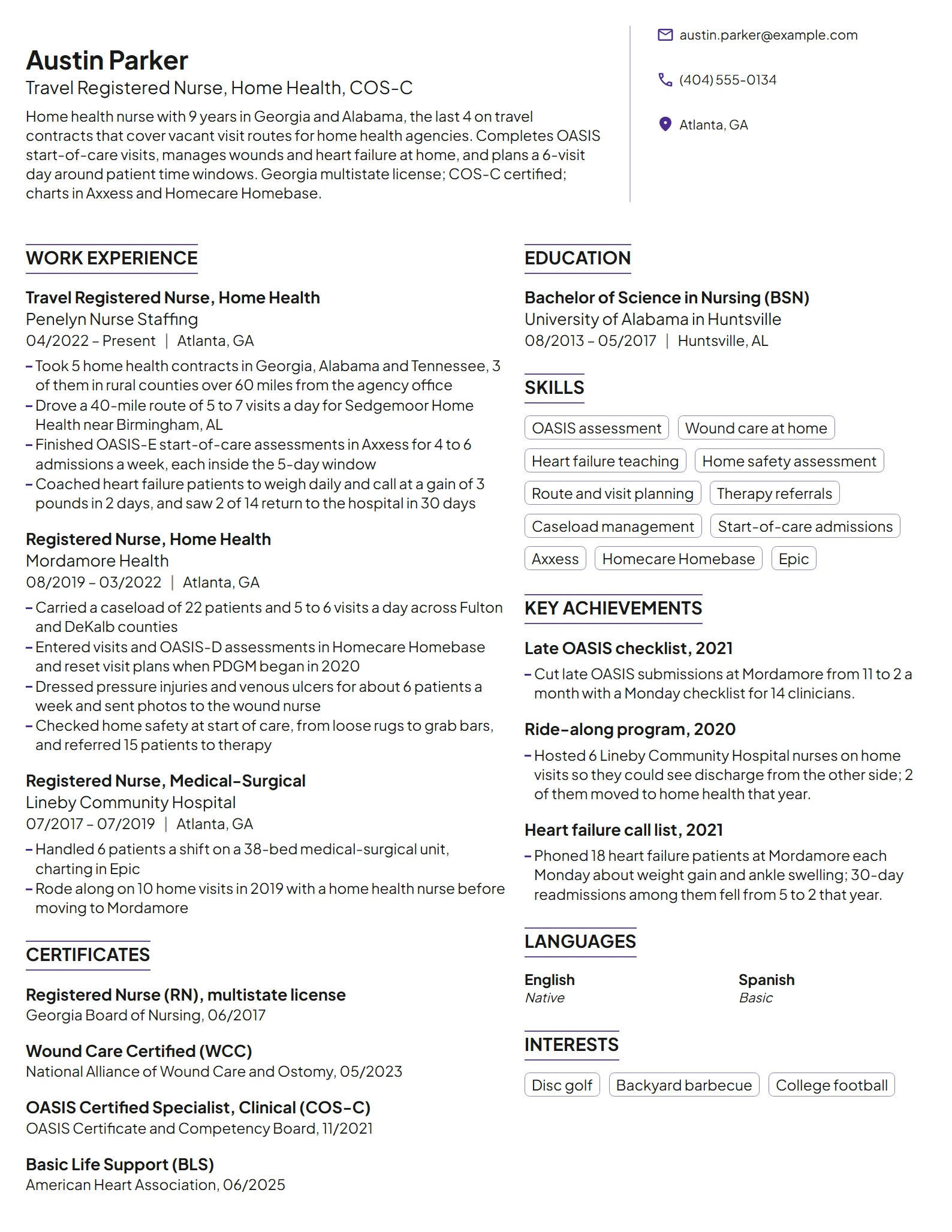 Home Health Travel Nurse resume example