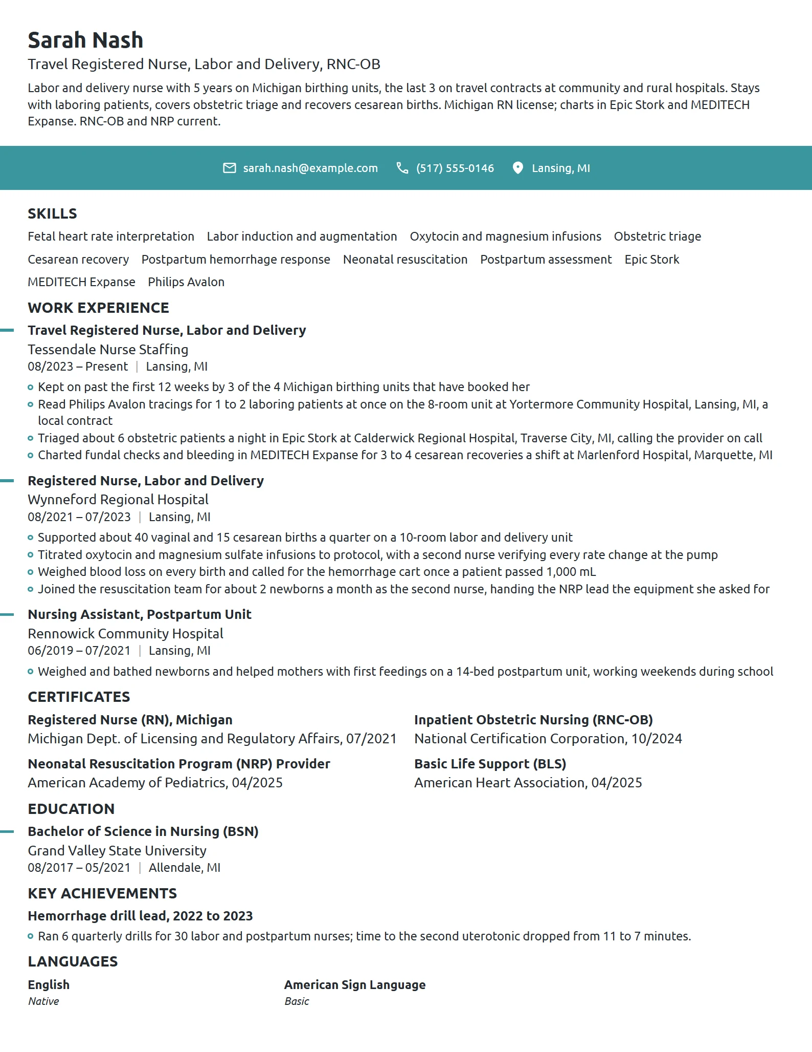 Labor and Delivery Travel Nurse resume example