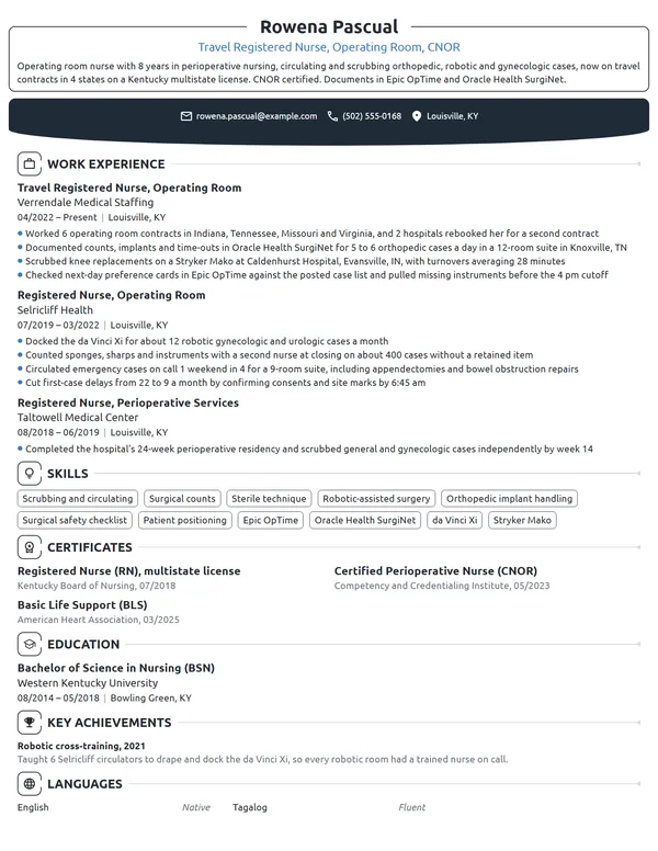 Operating Room Travel Nurse resume example