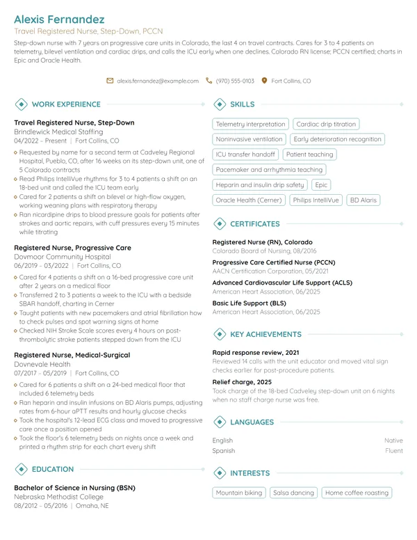 Step-Down Travel Nurse resume example