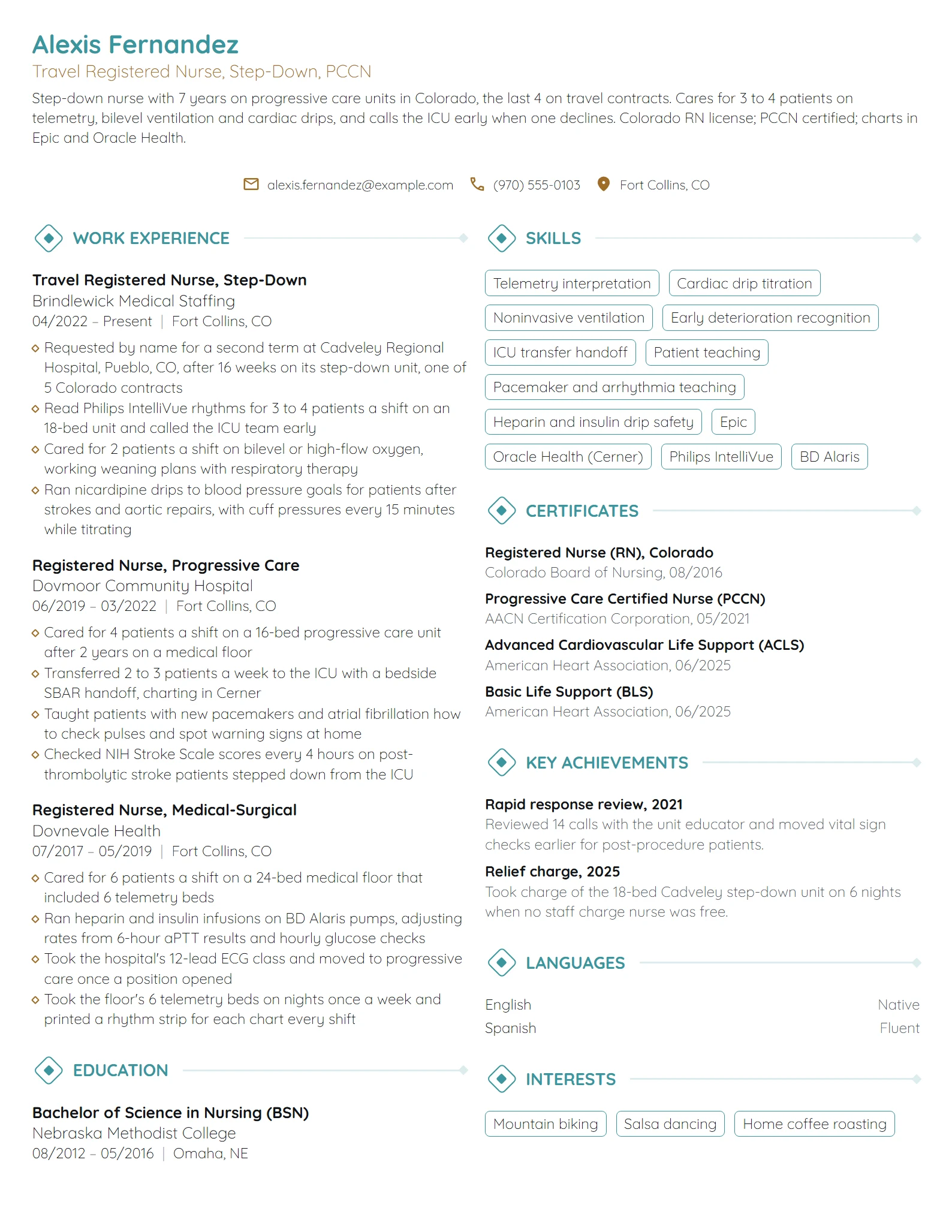 Step-Down Travel Nurse resume example