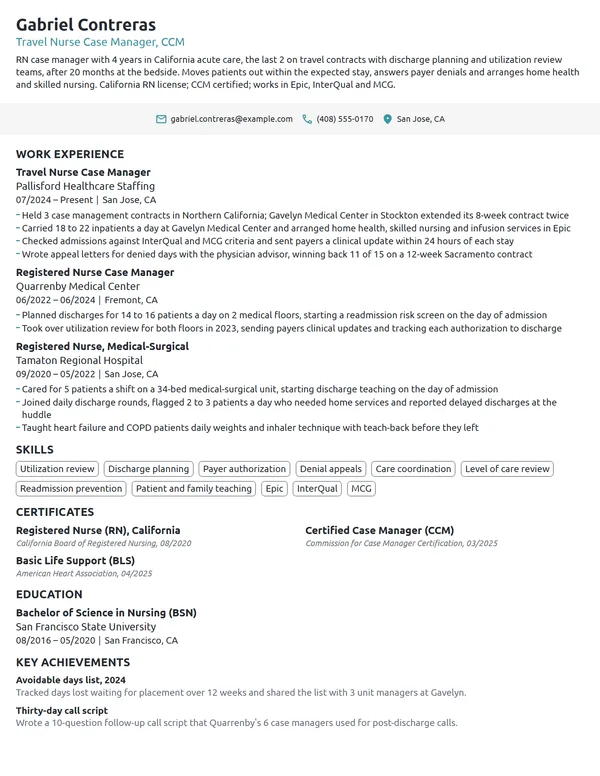 Travel Nurse Case Manager resume example