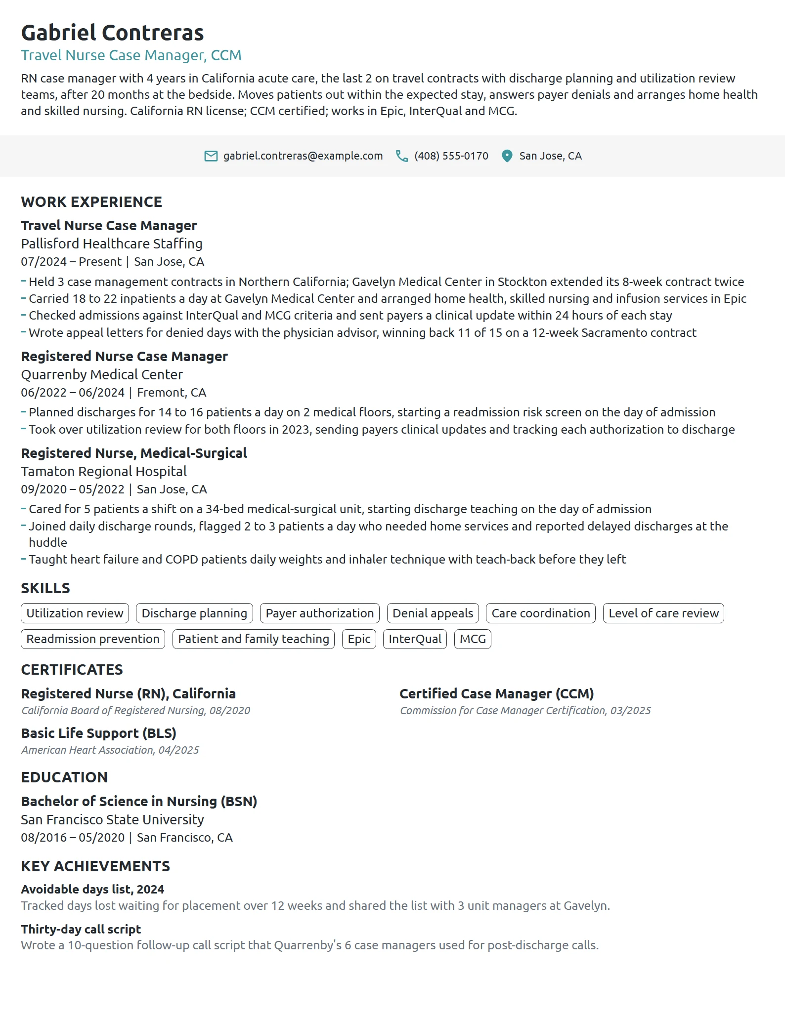 Travel Nurse Case Manager resume example