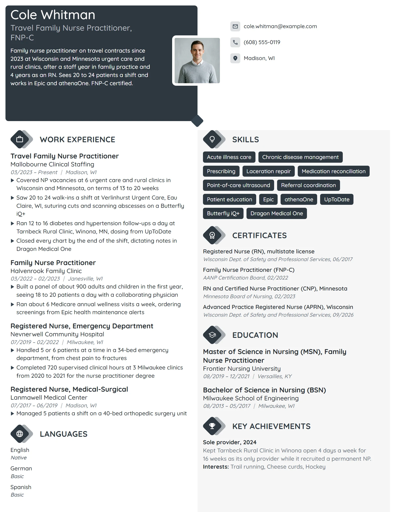 Travel Nurse Practitioner resume example