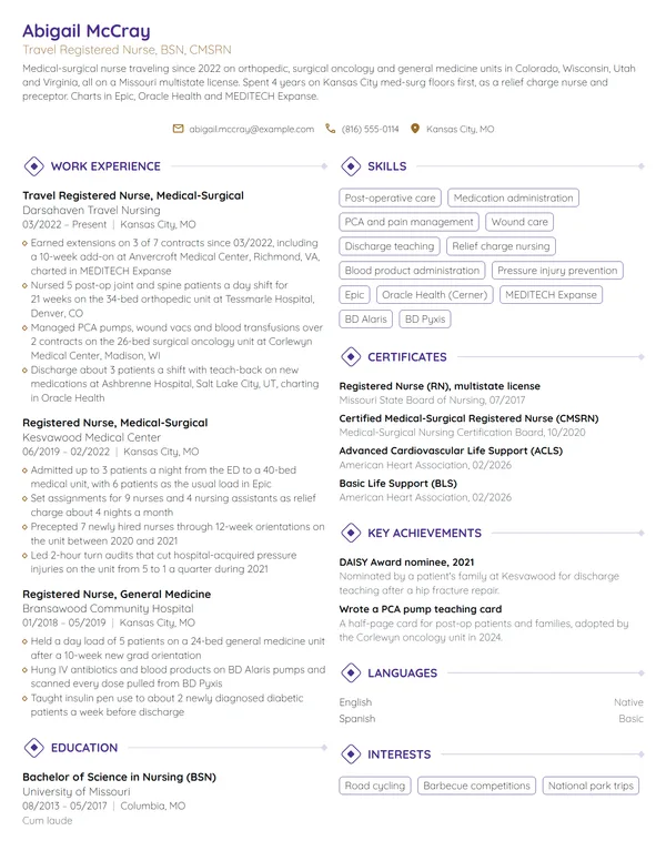 Travel Nurse resume example