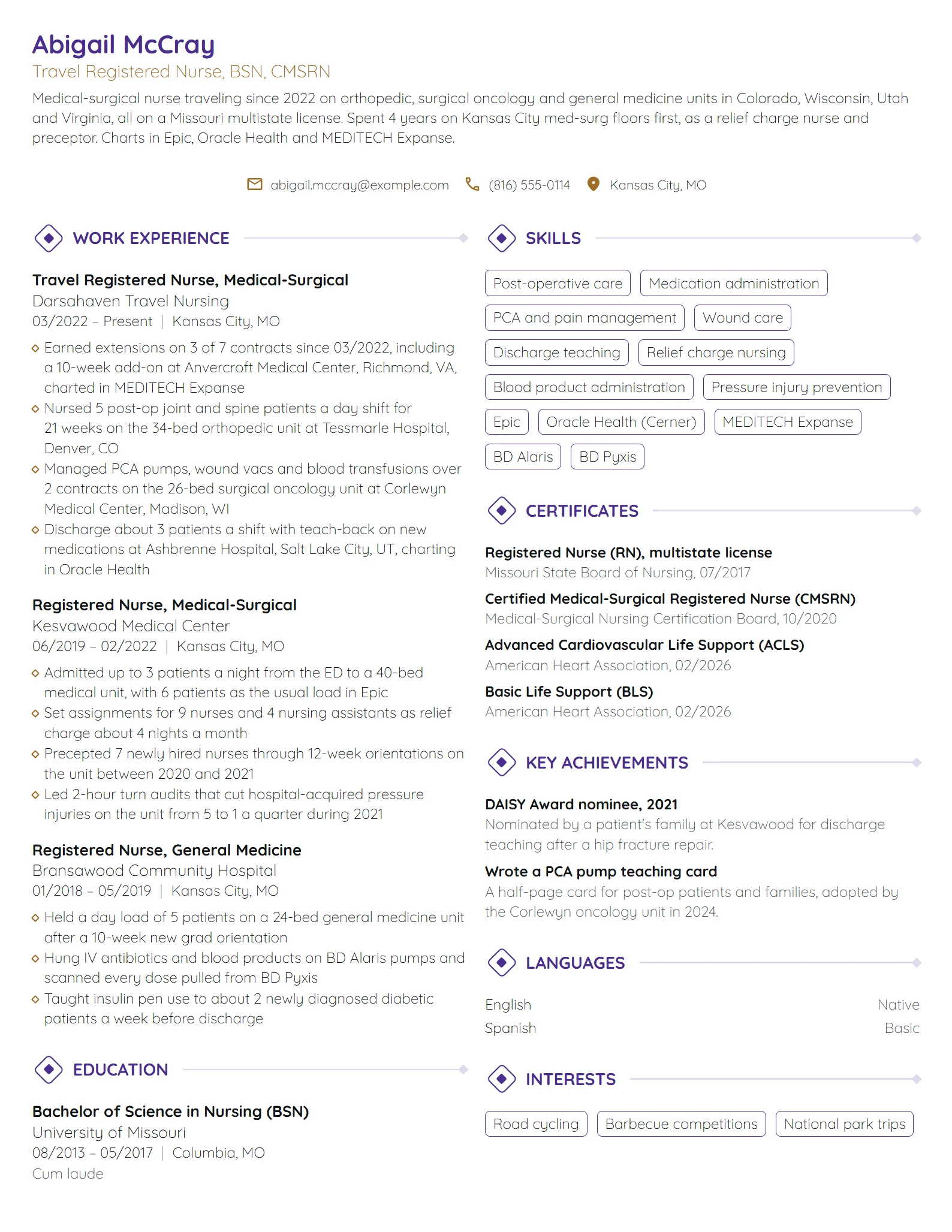 Travel Nurse resume example