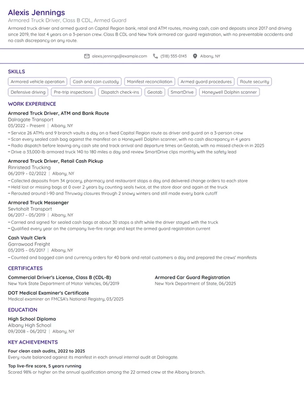 Armored Truck Driver resume example