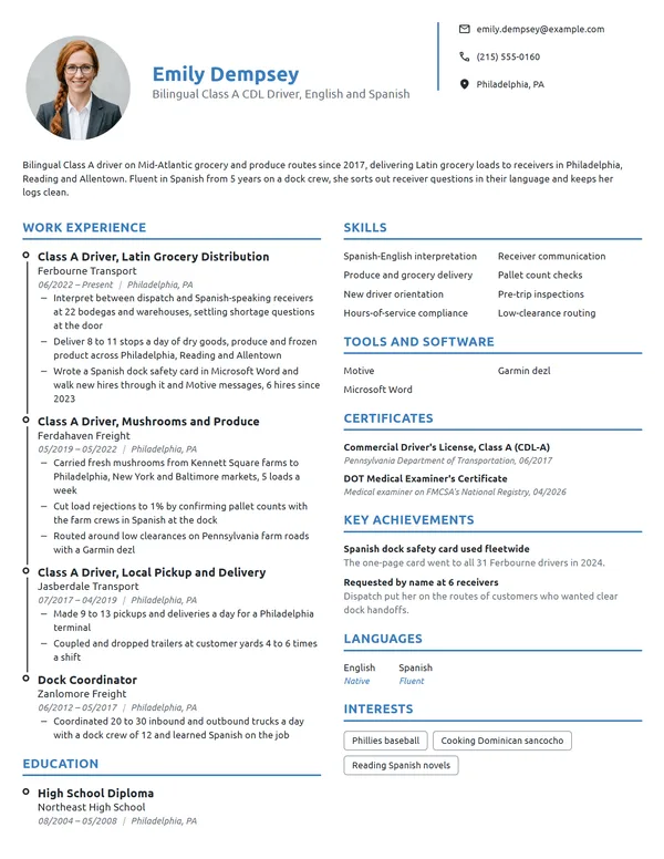 Bilingual Truck Driver resume example