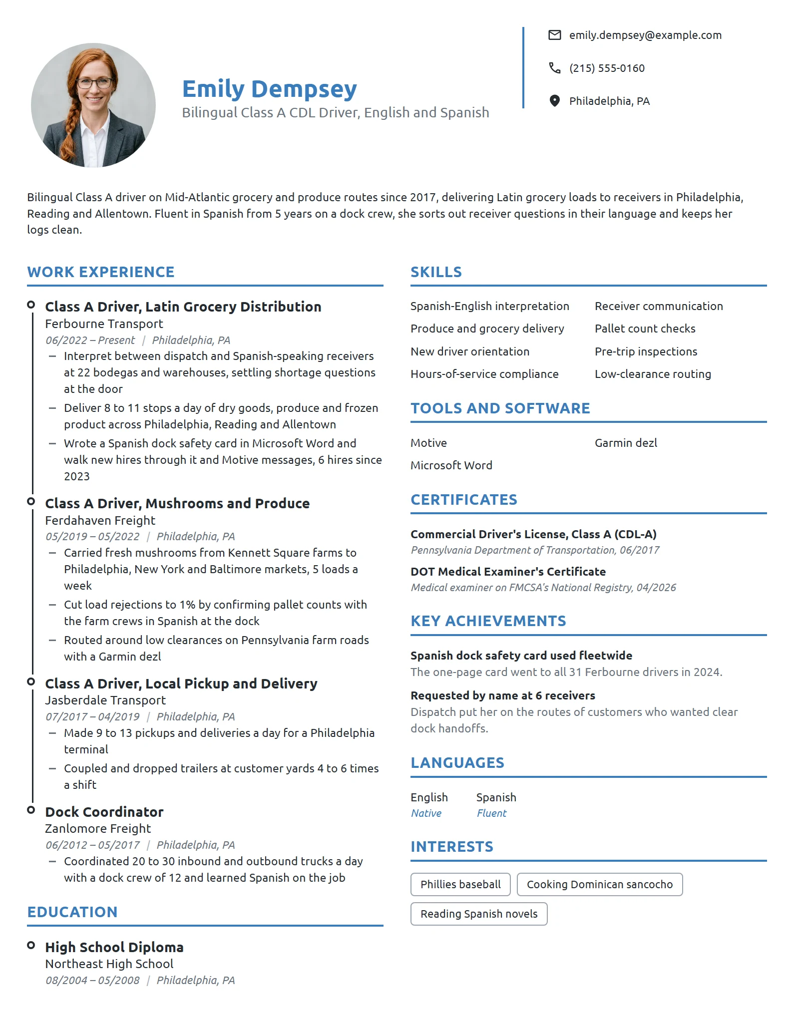 Bilingual Truck Driver resume example