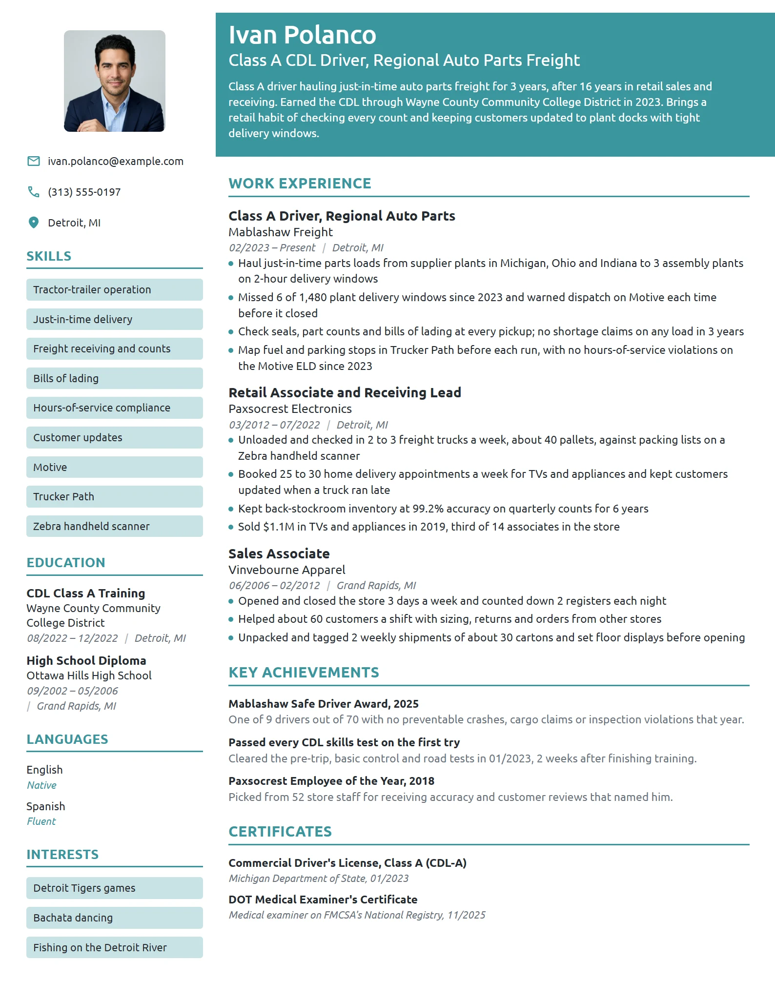 Career Change Truck Driver resume example