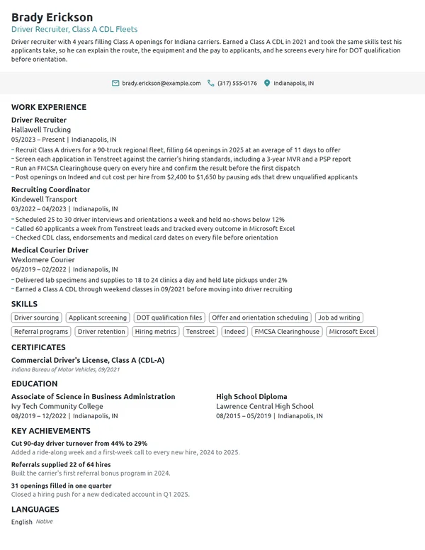 Driver Recruiter resume example