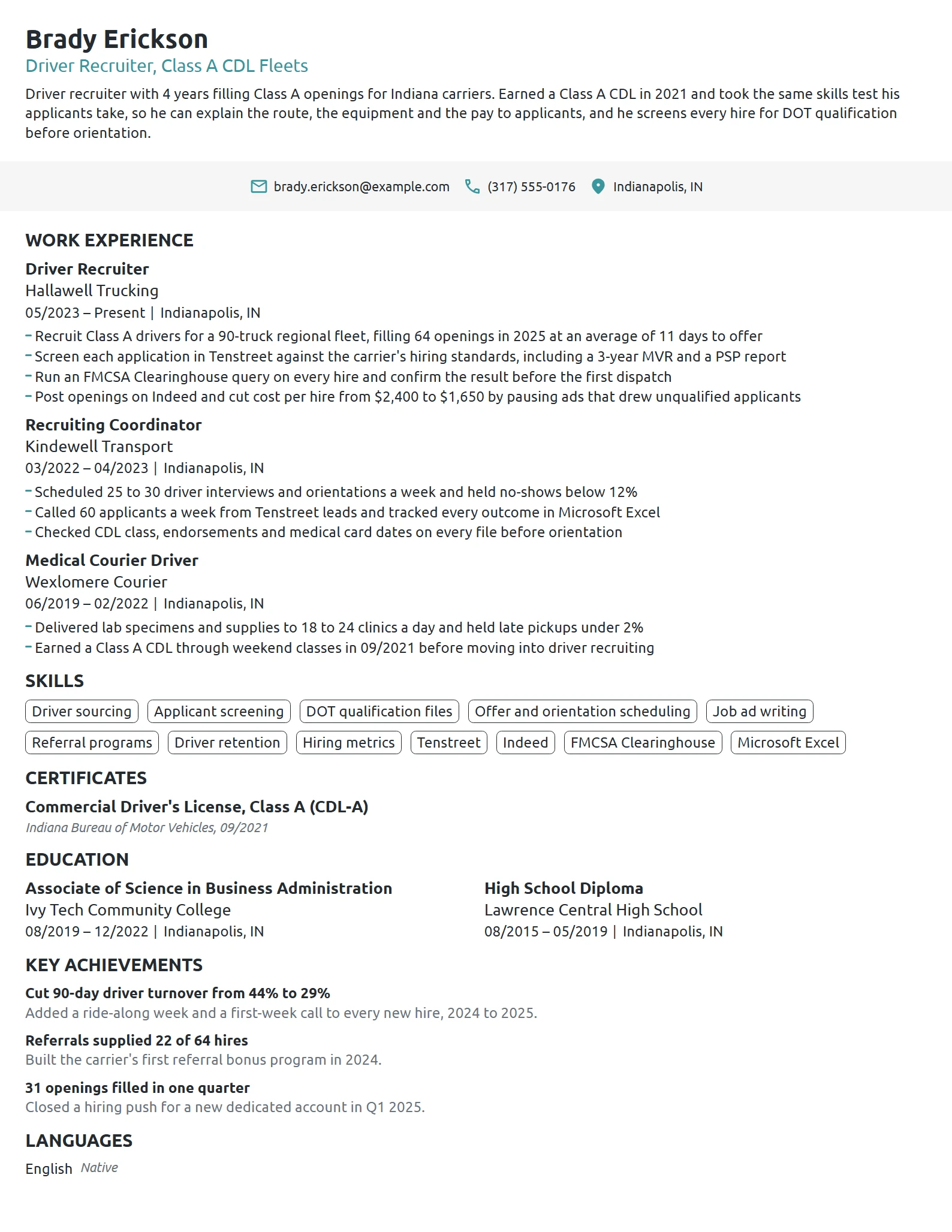 Driver Recruiter resume example