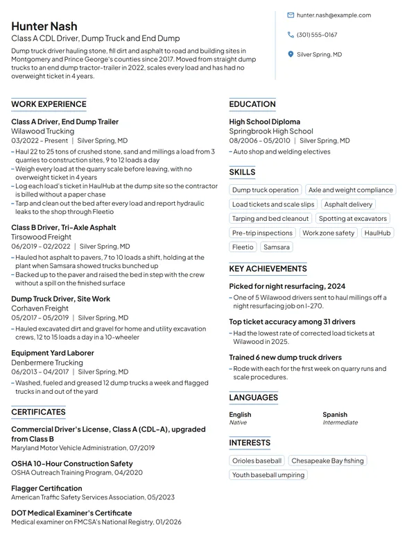 Dump Truck Driver resume example