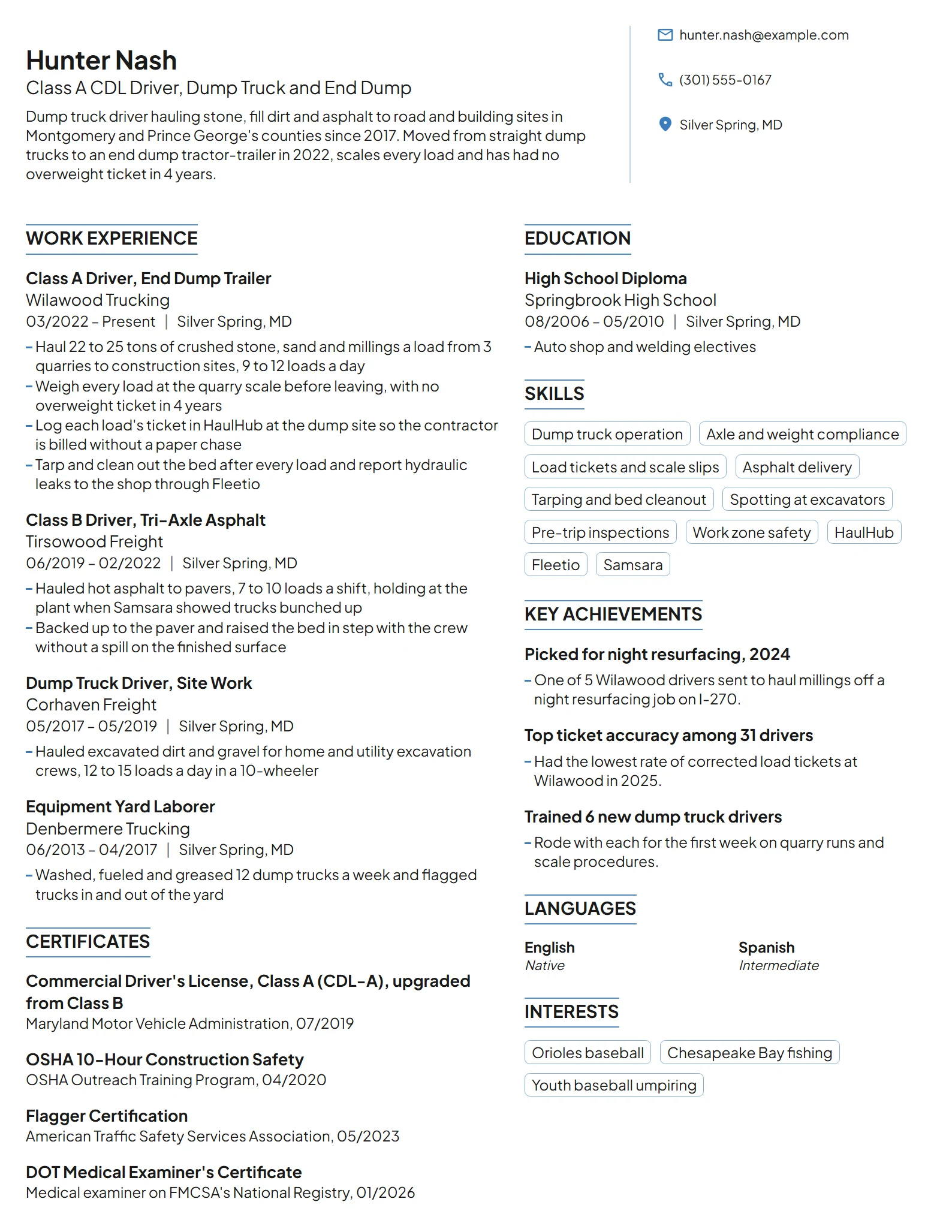 Dump Truck Driver resume example
