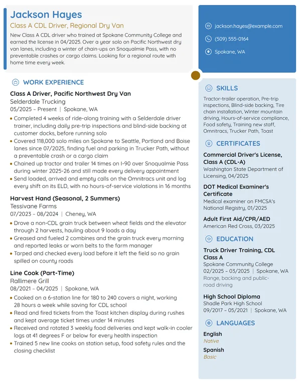 Entry-Level Truck Driver resume example
