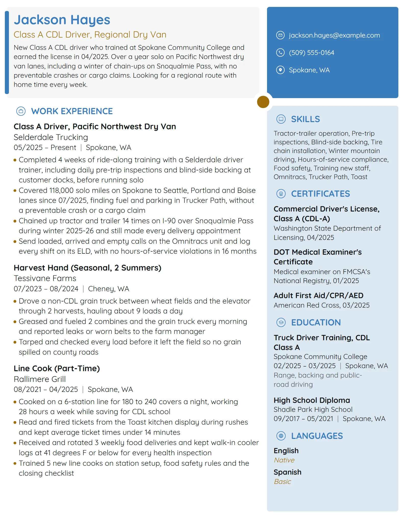 Entry-Level Truck Driver resume example