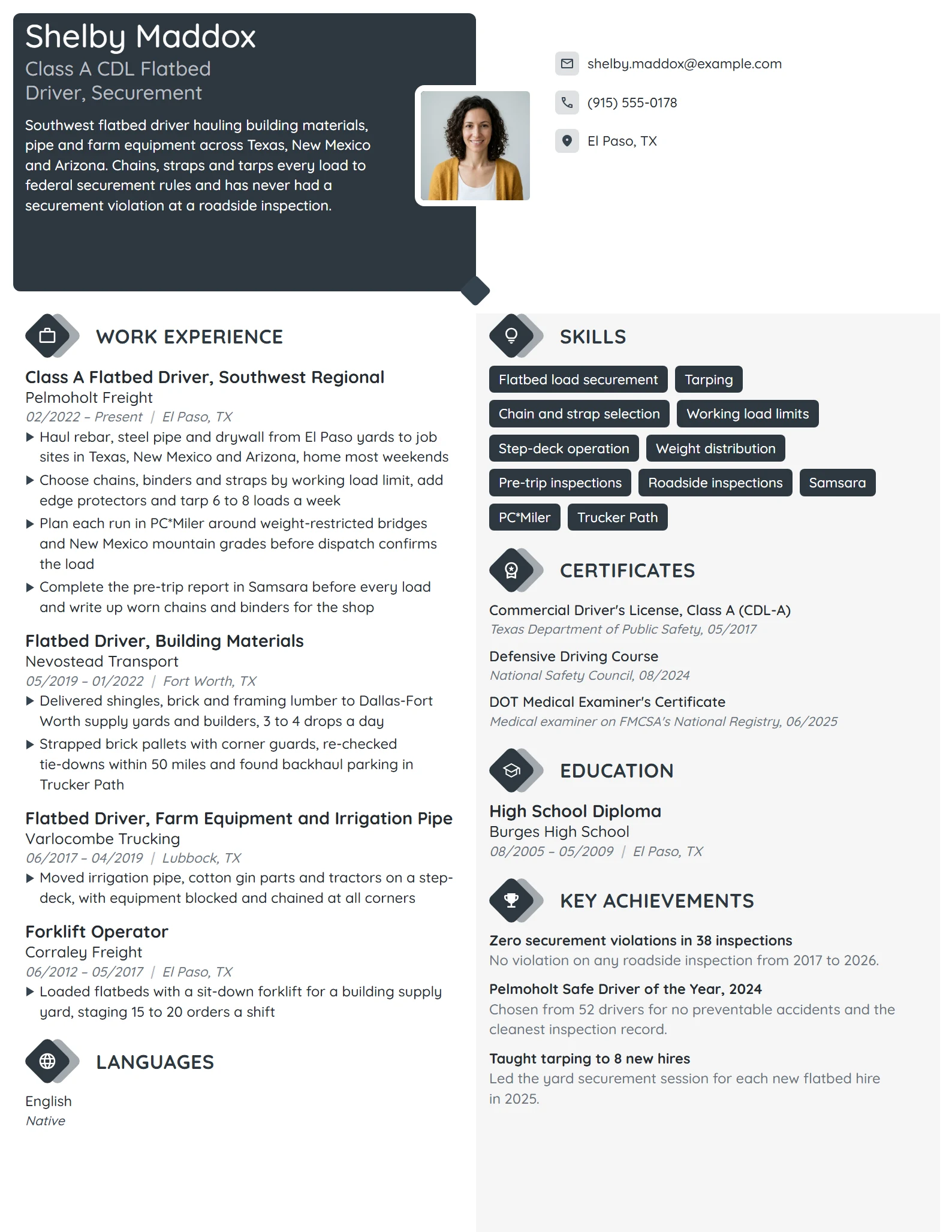 Flatbed Truck Driver resume example