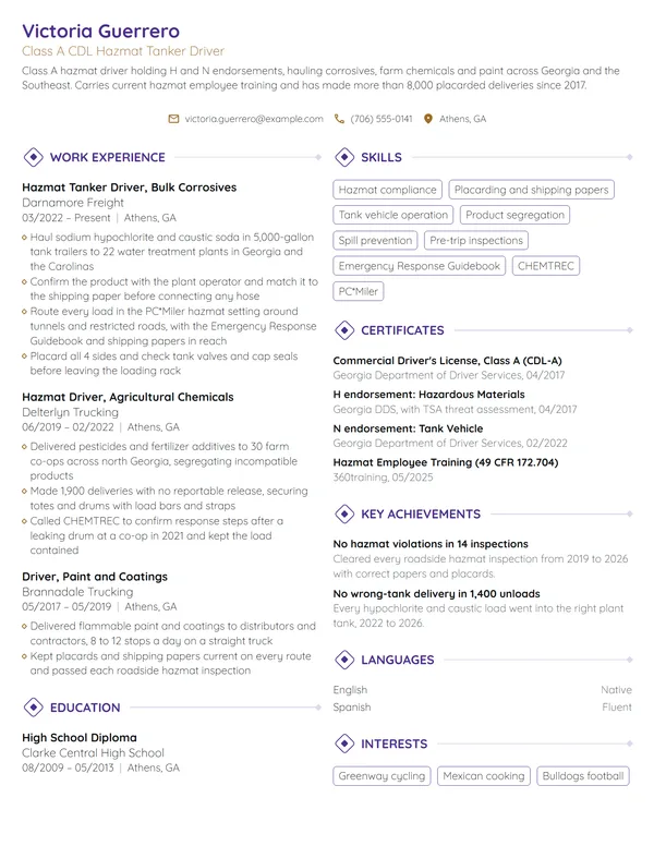 Hazmat Truck Driver resume example