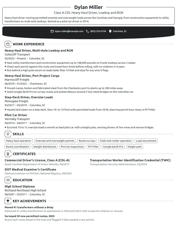 Heavy Haul Truck Driver resume example