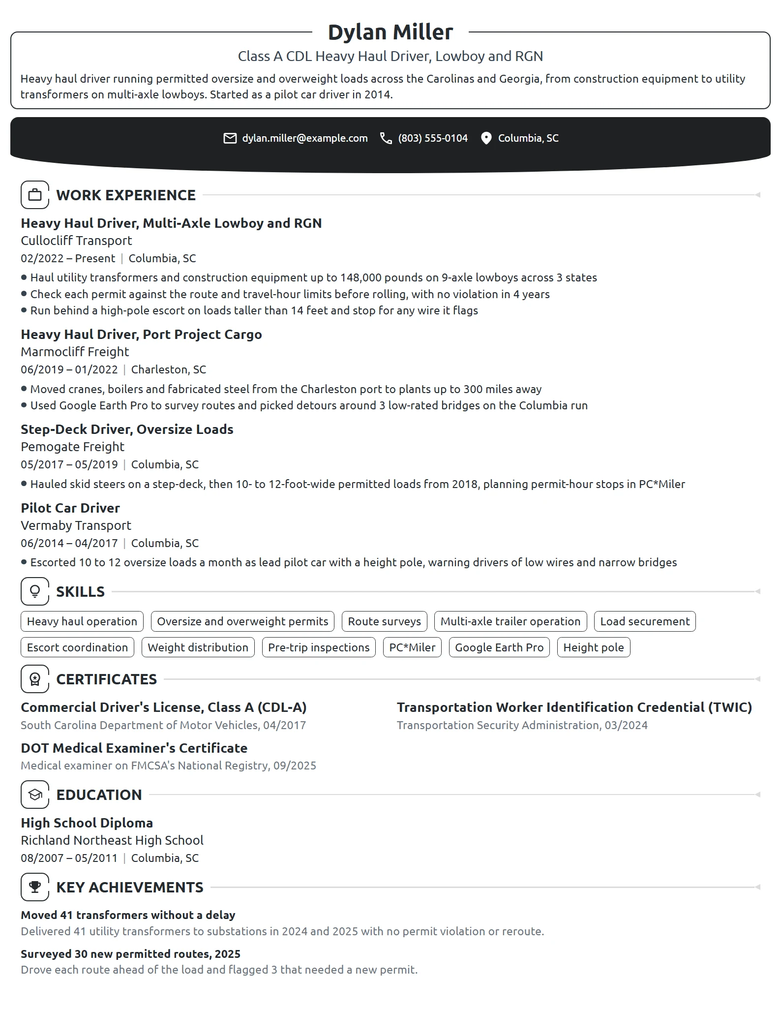 Heavy Haul Truck Driver resume example