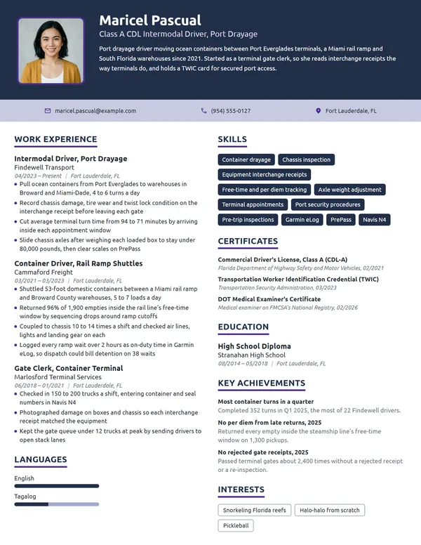 Intermodal Truck Driver resume example