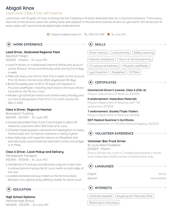 Lead Truck Driver resume example