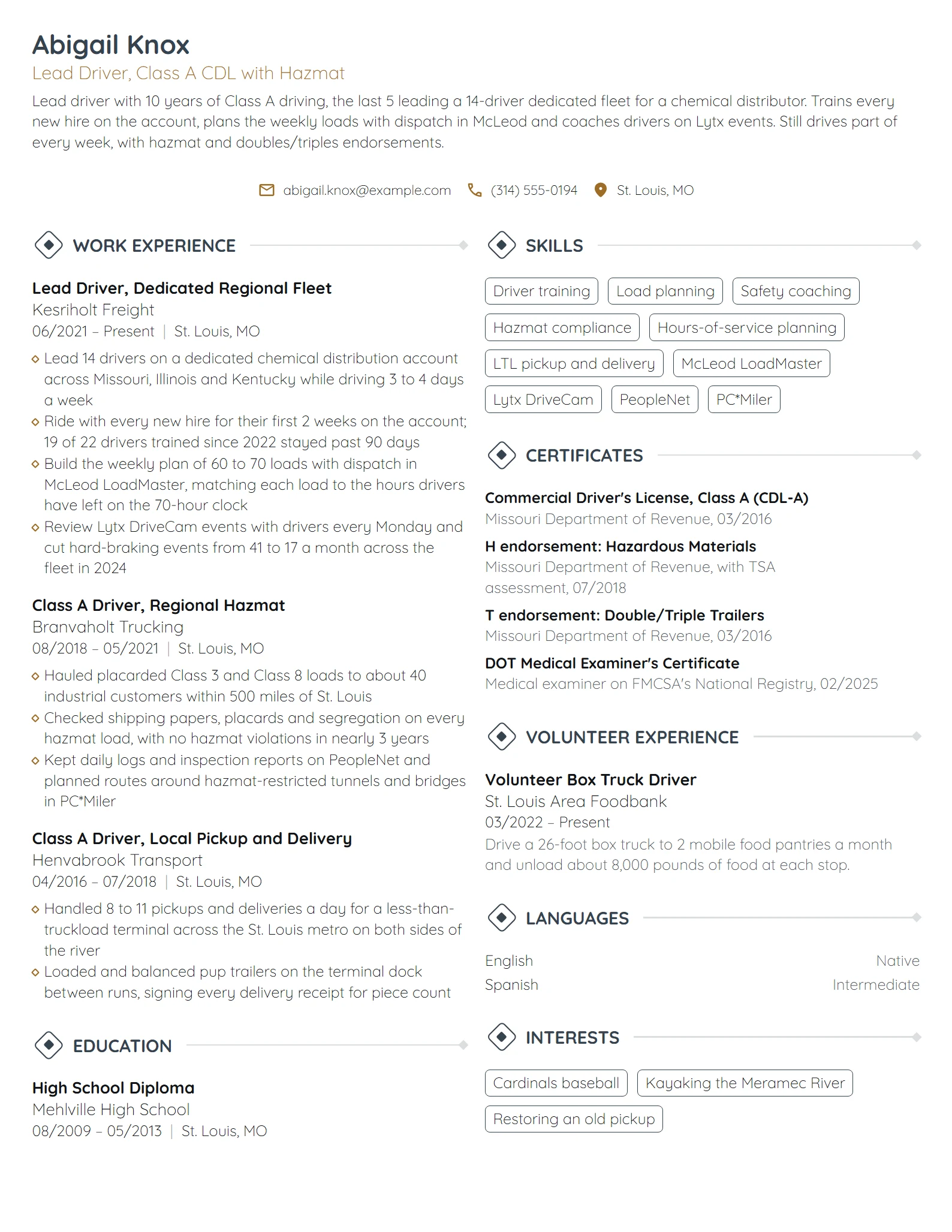 Lead Truck Driver resume example