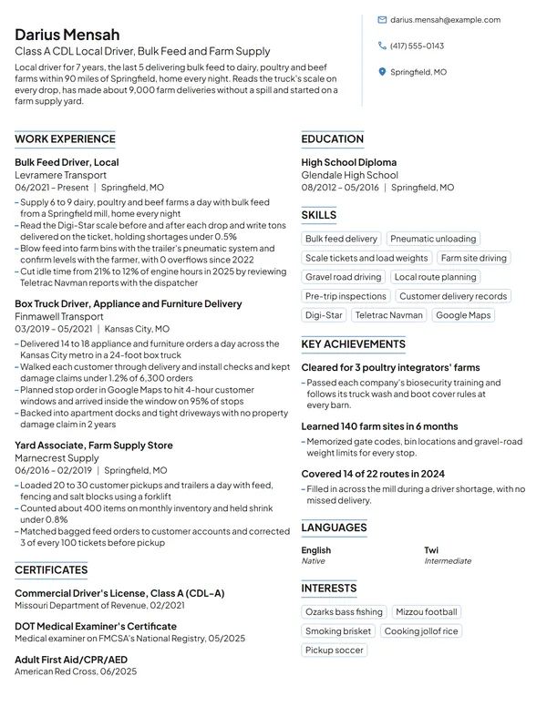 Local Truck Driver resume example