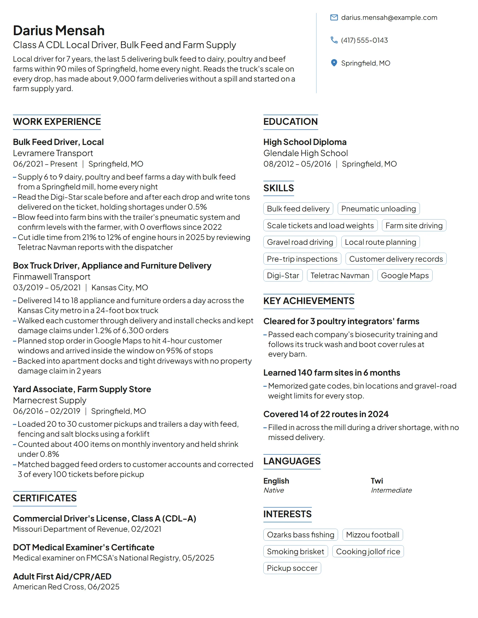 Local Truck Driver resume example
