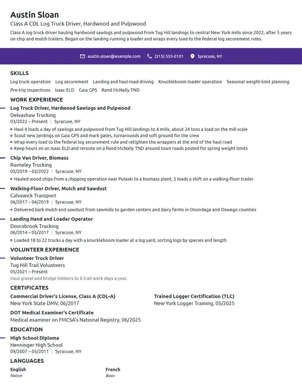 Logging Truck Driver resume example