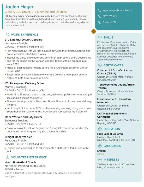LTL Truck Driver resume example